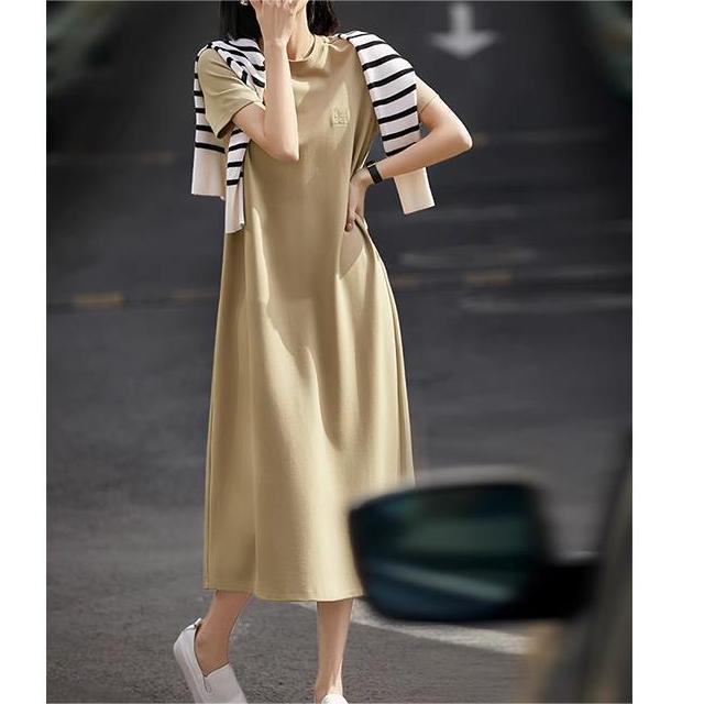 Dress with Soft and Simple Round Neck Short-sleeved T-shirt Skirt