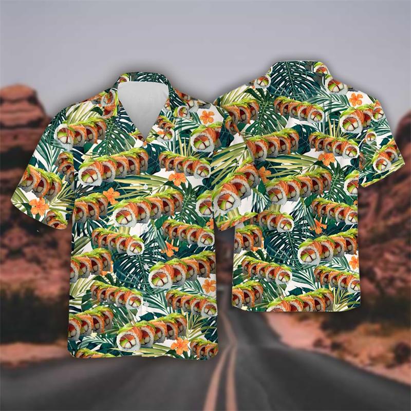 Delicious Sushi Shrimp Graphic Female Beach Shirts Hip Hop Hawaiian Rice Balls Lapel Blouse Fast Food Bento Shirt For Men Tops
