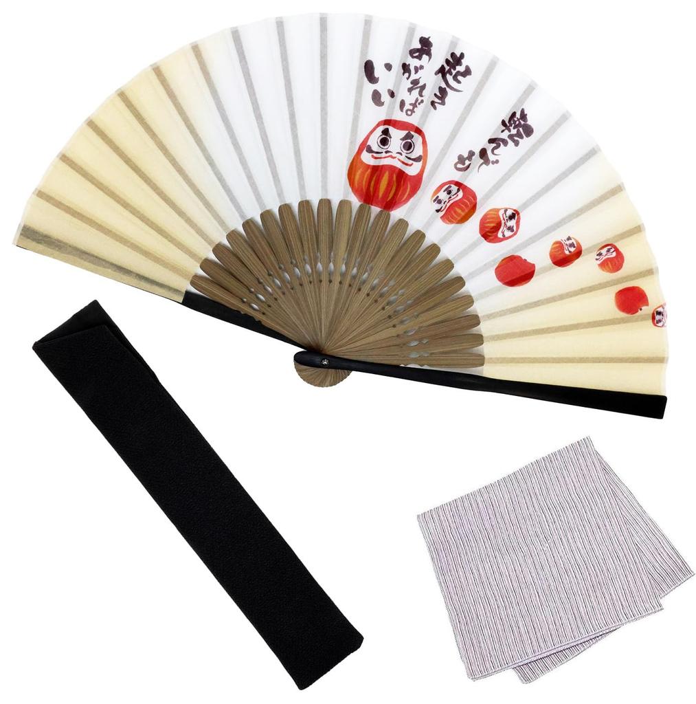 Stylish Folding Business Fan Fan and Handkerchief Yuyu [Osaka Choseido] Men's Fan, Style, Bag, Case, Set, (Daruma)