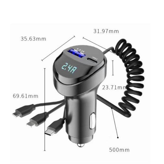 KC08 3-in-1 Retractable 3.1A USB Car Charger with Voltage Display