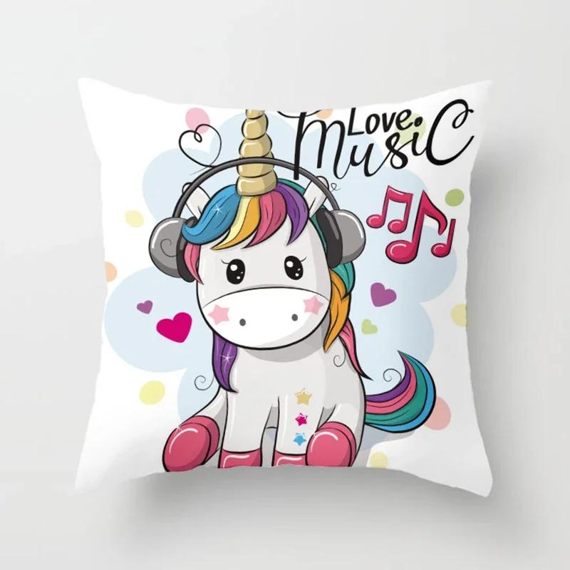Niedliches Einhorn-Printmuster Quadratisches Kissen Polyester Kissenbezug Sofa Bürostuhl Kissenbezug Einfache Heimdekoration