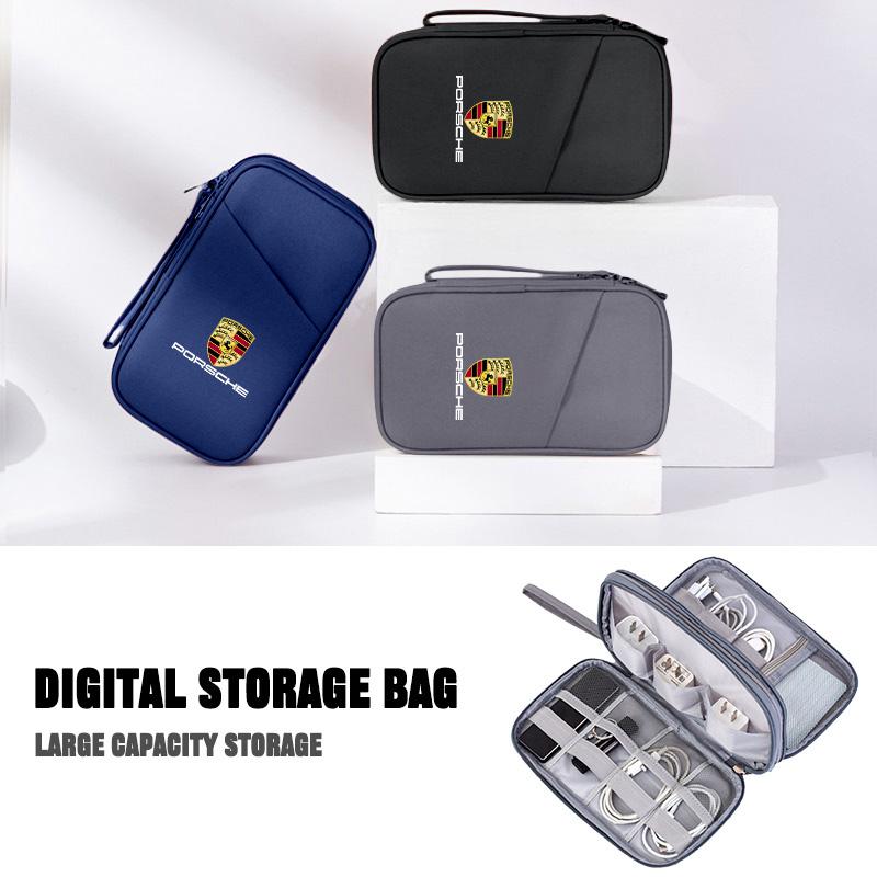 1PC Car Emblem Storage Bag USB Charger Cable Headphones Box for Porsche Panamera Cayenne Taycan 911 718 Macan Carrera-GT 928 968