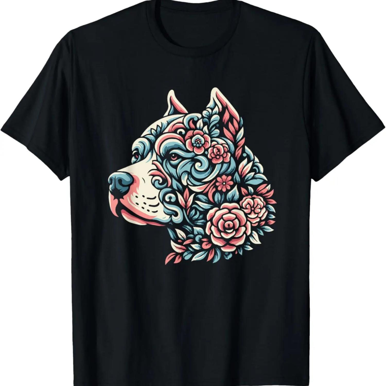 Floral American Pitbull Terrier Dog Flower Graphic Design T-Shirt S