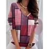 Color Blocked Plaid V-neck Top for Women, Fashionable Contrasting Loose Casual T-shirts