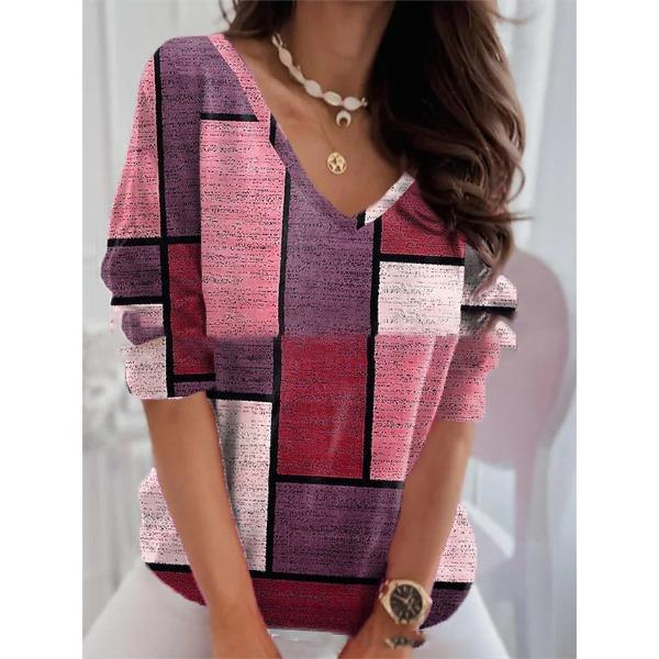 Color Blocked Plaid V-neck Top for Women, Fashionable Contrasting Loose Casual T-shirts