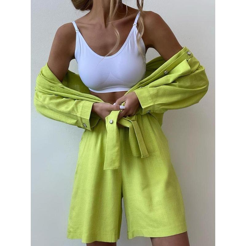 

Модная рубашка с длинным рукавом и свободные широкие шорты, комплекты женских пуговиц, весна-осень, эластичная талия, повседневные шорты, костюм, наряды, элегантная одежда 1083 L