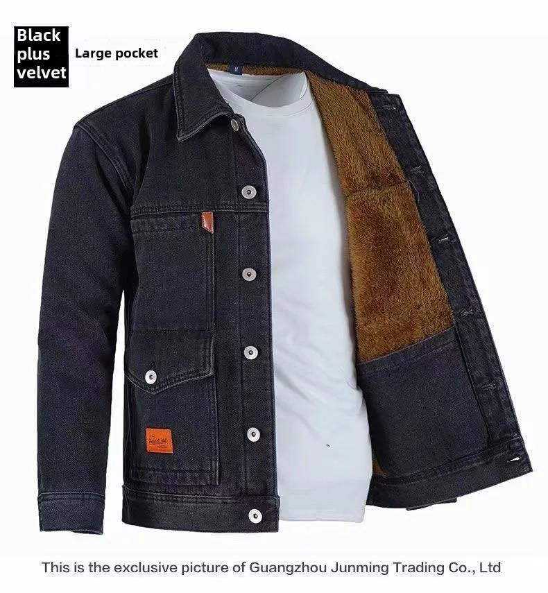 Men's Denim and Velvet Thickened Windproof Winter Coat, Warm and Wear-Resistant, Large Sizes Available