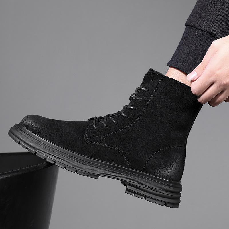 Fashion mens casual stage nightclub cow suede leather boots black trendy autumn winter shoes cowboy platform boot high motorcycle botas