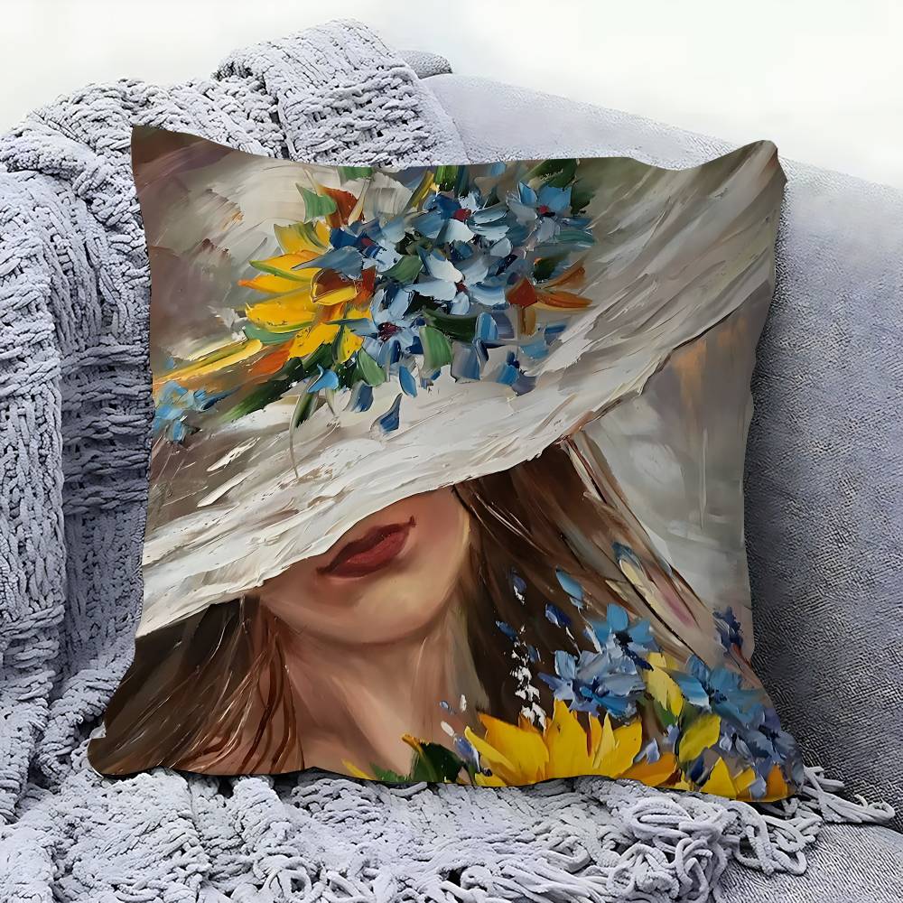 Woman And Flowers Art Oil Painting Personalized Picture Text Home Decorative Pillows Household Gifts 45x45cm
