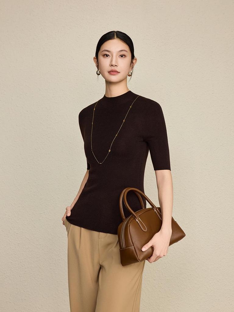 Yangzi 100% Wool Slim-Fit Sweater: 18-Gauge Single-Thread, Semi-High Neck, Mid-Sleeve, Solid Color Base Layer