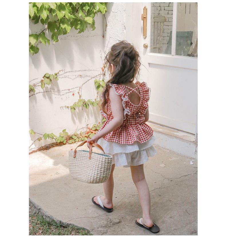 Mädchen Karierte Rüschen Ärmellose Weste - Sommer 2024, Reine Baumwolle, Alter 3-10