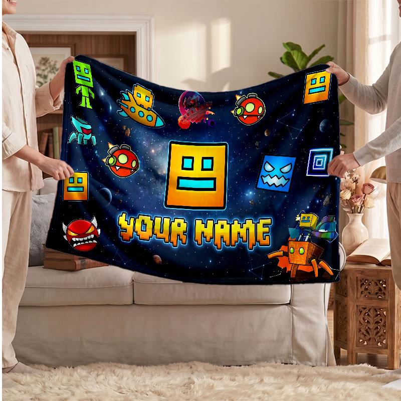 Geometry Dash Personalized Flannel Blanket, Custom Printed Text Name, Warm Soft Blanket For Couch Bed