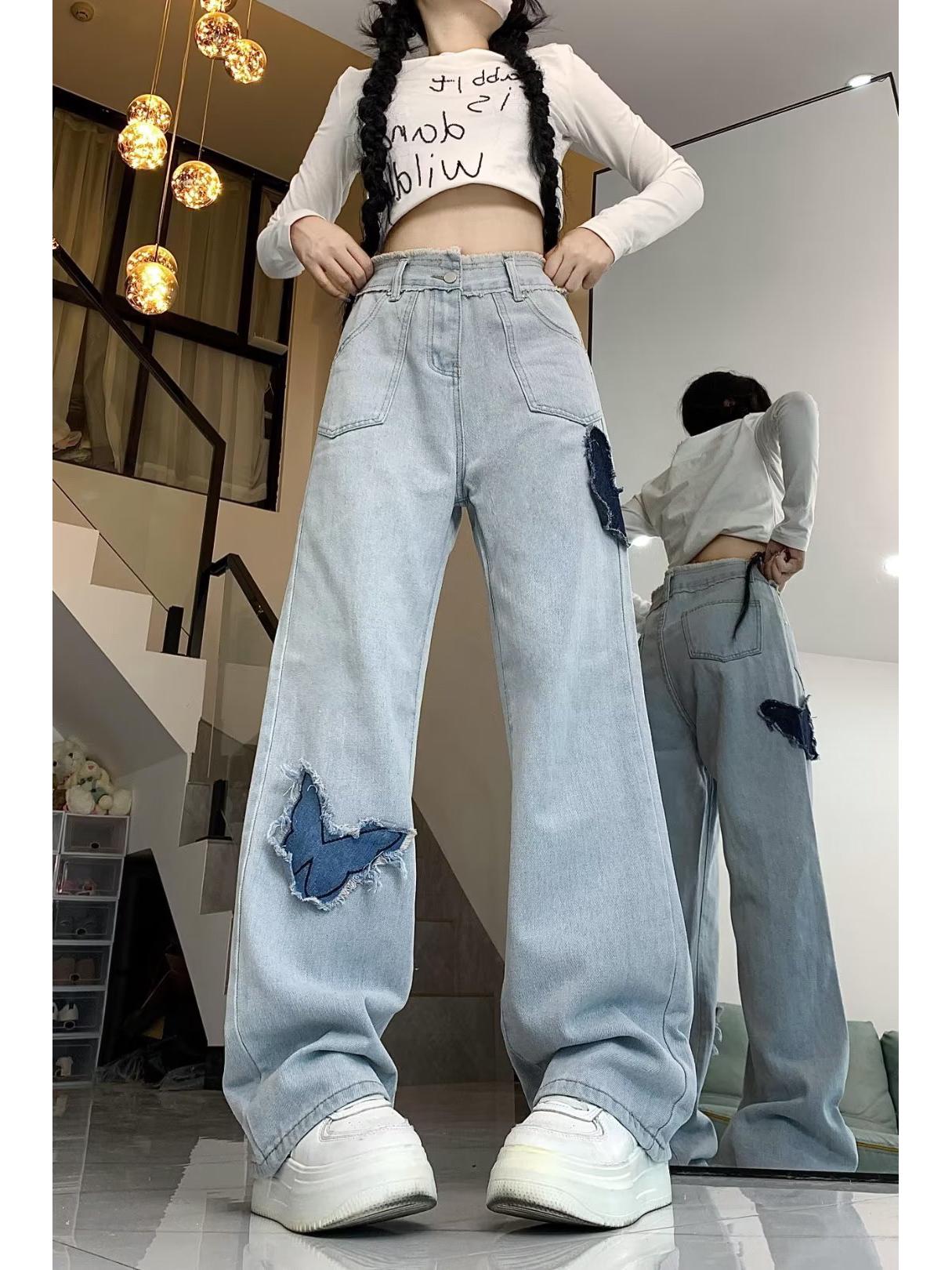 

Женские джинсы с высокой талией, широкими штанинами, с ретро-вышивкой бабочками, для осени XL