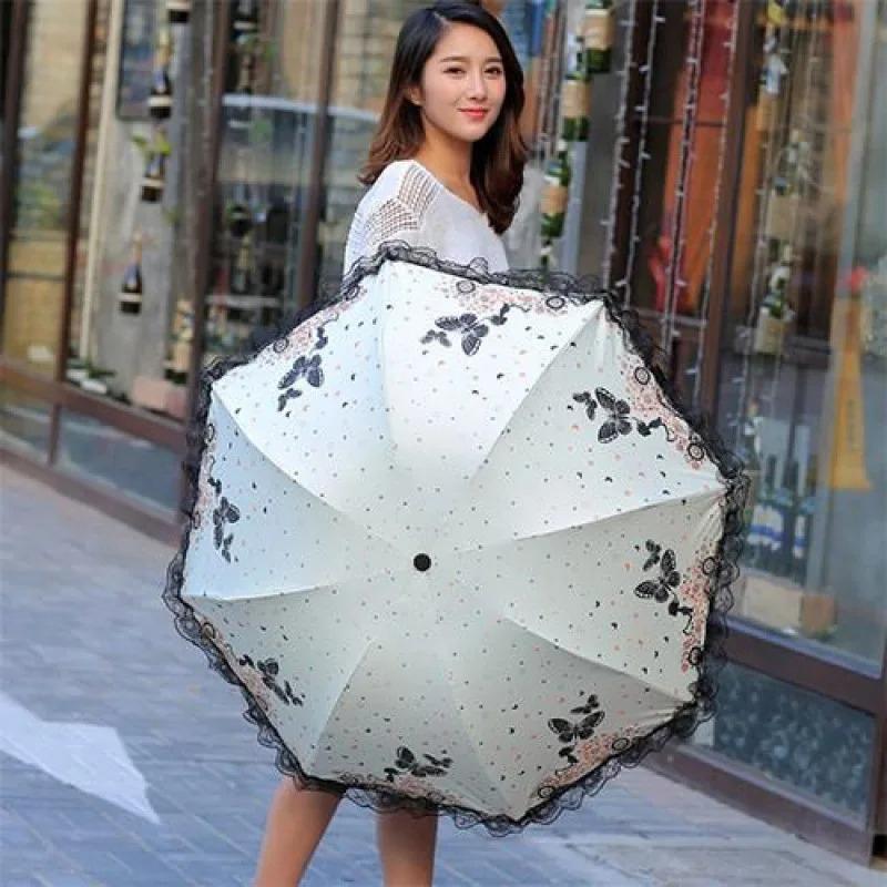 Butterfly Lace Printed Sunshade Umbrella For Both Rain Triple Fold Wind Resistant And Sun Resistant Black Rubber Umbrella