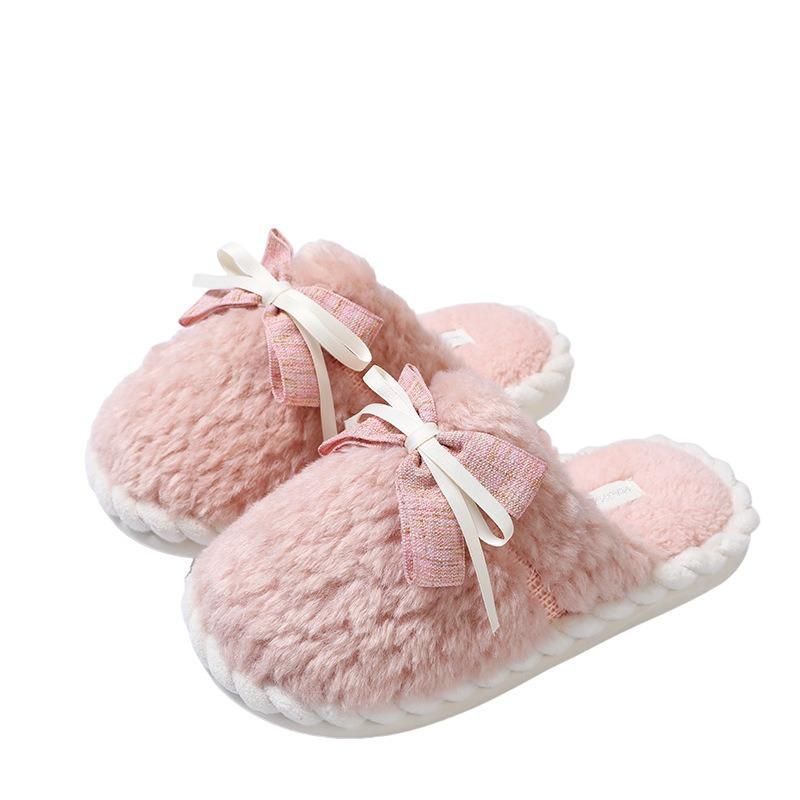 Cotton slippers women's bow lace warm plush bag head simple floor fluffy slippers autumn and winter