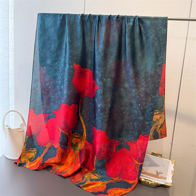 

Simple And Elegant Rose Print Simulation Silk Brocade Fashion Sunscreen Silk Scarf Long Scarf Silky Shawl Versatile Headscarf Scarf 180*80cm