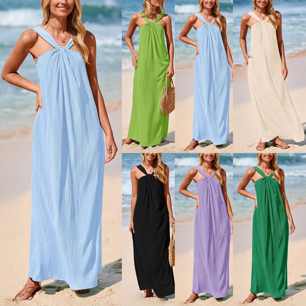 Dámské módní a sexy jednobarevné šaty s výstřihem do V, bez rukávů, na plážovou dovolenou, ležérní