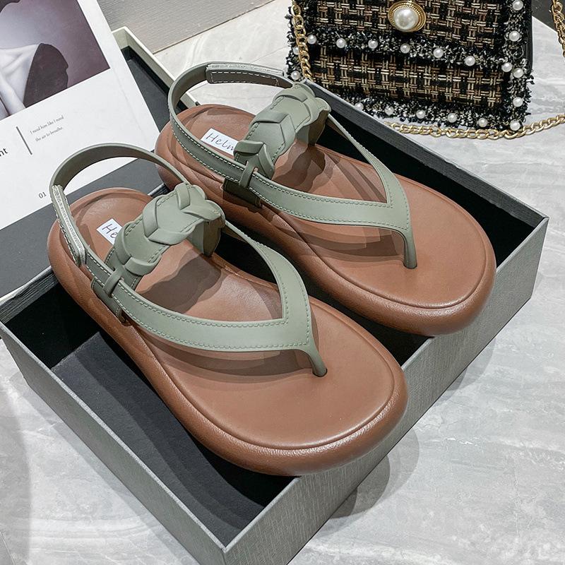 Sandale de vară pentru femei, nou model cu toc plat, talpă moale, stil vânt parfumat, vară, pentru ieșit, culoare uni, pantofi romani, papuci de plajă