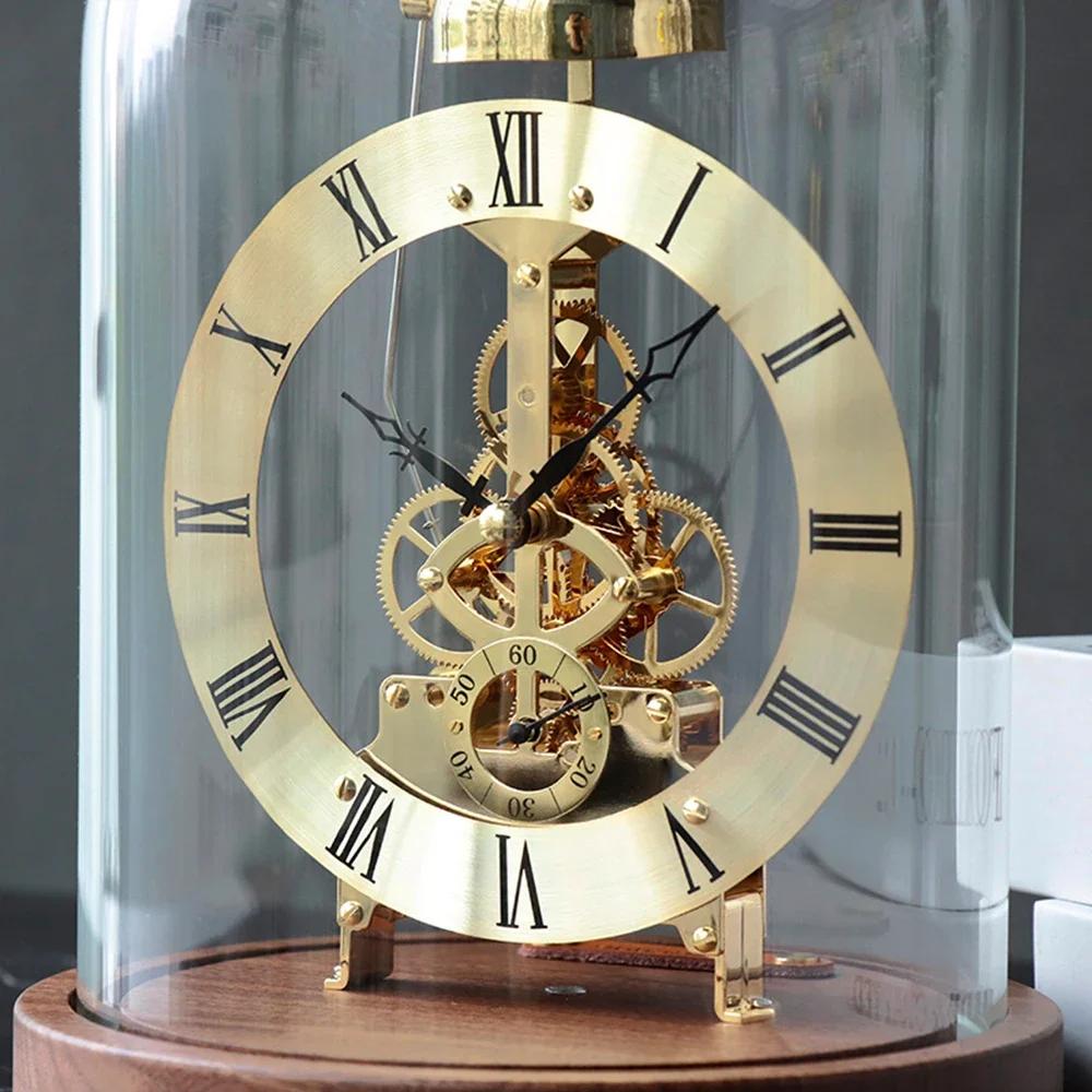 Luxury Mechanical Desk Clock with Glass Dome Black Walnut Solid Wood Base Light Home Office Decor Timepiece Ornament