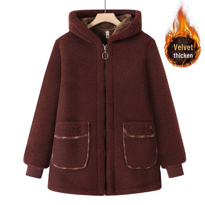 Mom's Plus Size Hooded Fleece-Lined Winter Coat for Middle-Aged and Elderly Women - Lambswool Padded Jacket
