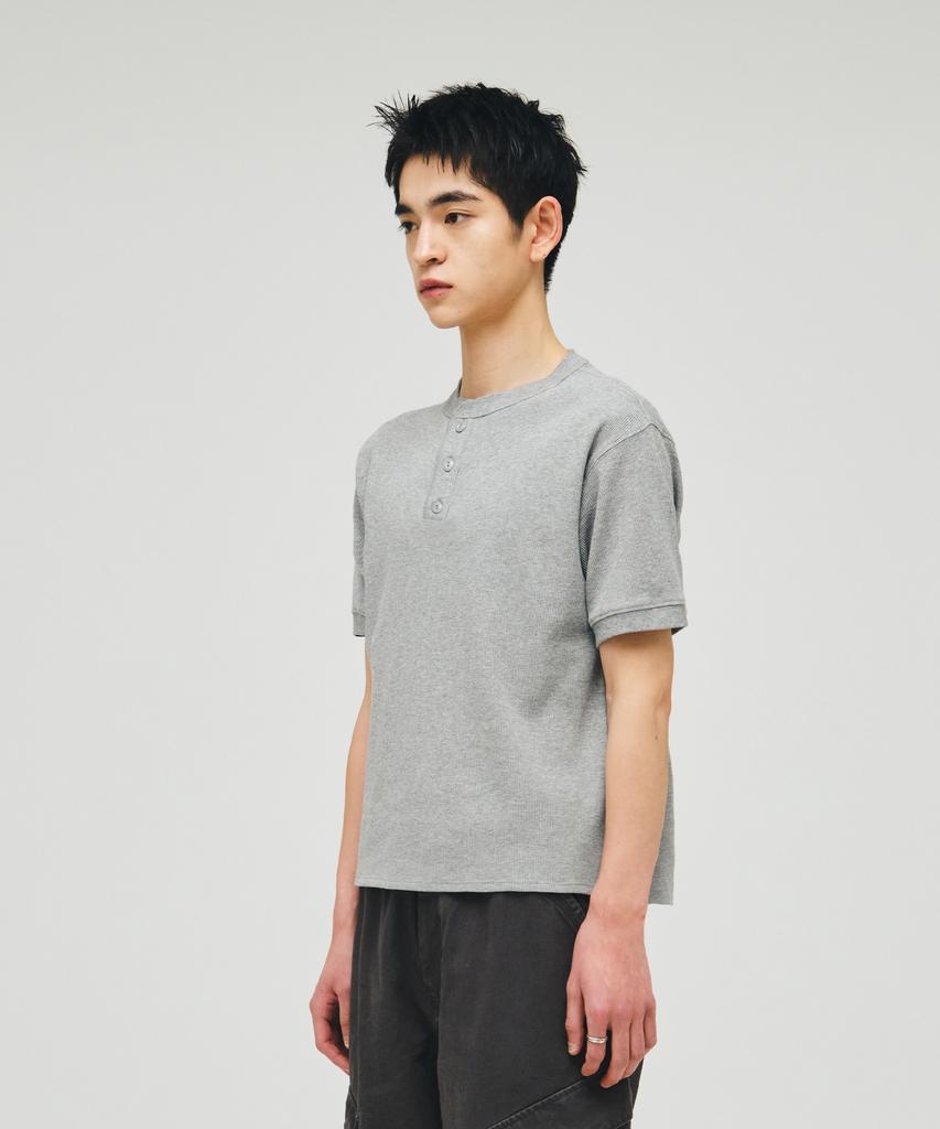 ECORR Waffle Henley Neck Crop Short Sleeve T-Shirt_Melange Gray