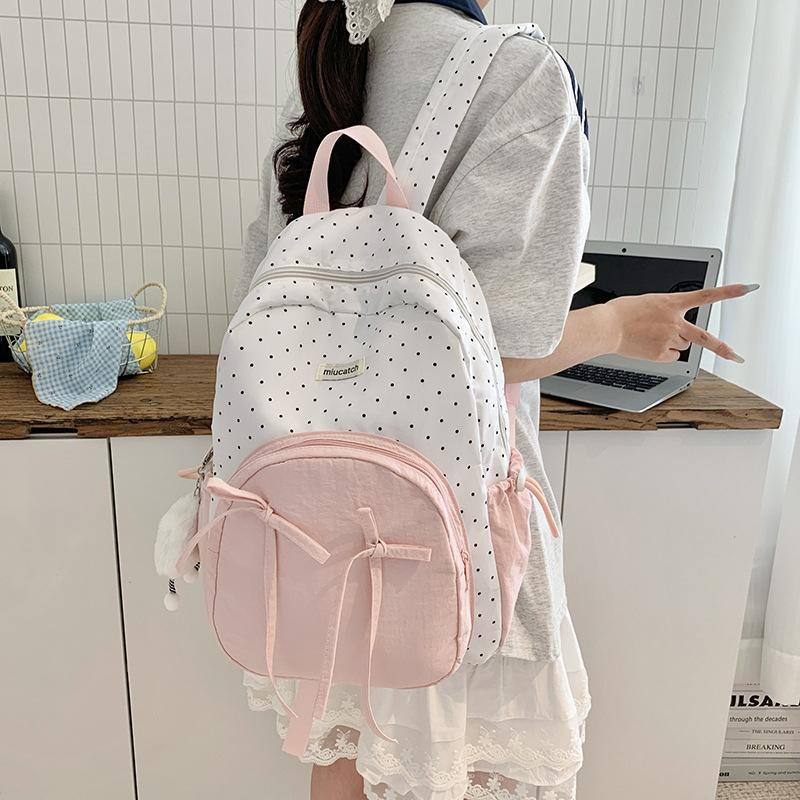 Schoolbag Cute Sweet Girl Backpack Female Student Class Versatile School Bag Korean College Style Bow Polka Dot Backpack
