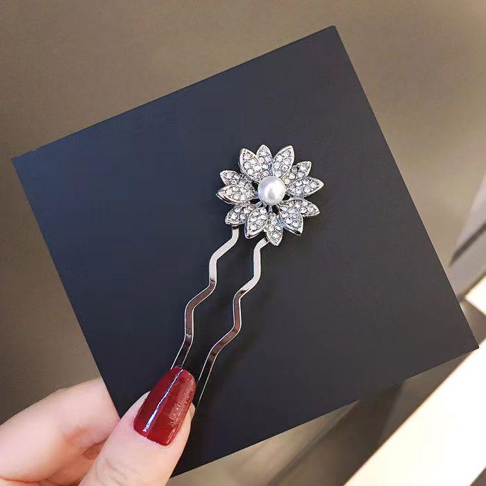 Elegant Rhinestone Sunflower U-Shaped Korean Japanese Bun Hairpin Clip серебряный