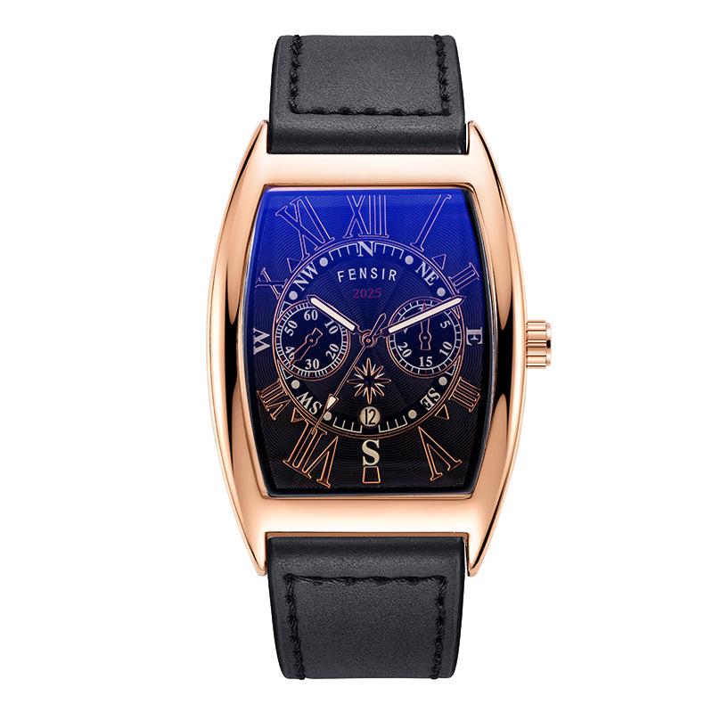 Finish Big Barrel Men's Watch: European & American Style, Leather Strap, Waterproof, Calendar, Casual Office Wear.