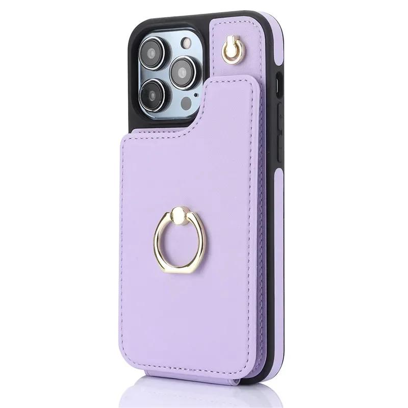 Ring Crossbody Leather Wallet Card Solt Phone Case for iPhone 16E 16 Pro Max 15 14 Plus 13 12 11 X SE 2022 Flip Purse Cover Bag