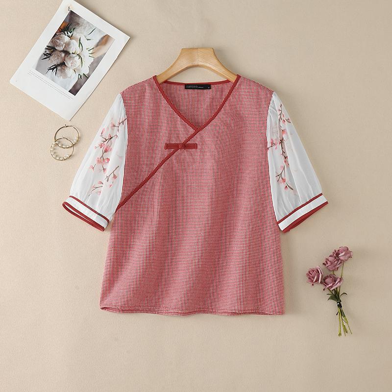 ZANZEA Women Print Splice Short Sleeve V-Neck Loose Casual Plaid Blouse M красный