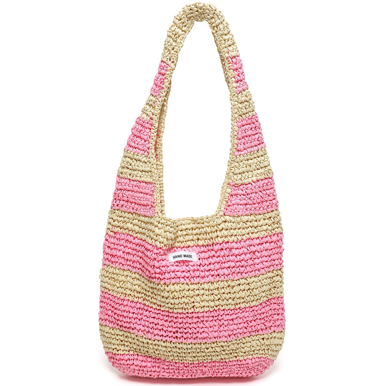 Straw Bag Women S French Striped Woven Bag Large Capacity Tote Bag Seaside Vacation Beach Bag Straw Bag Summer розовый