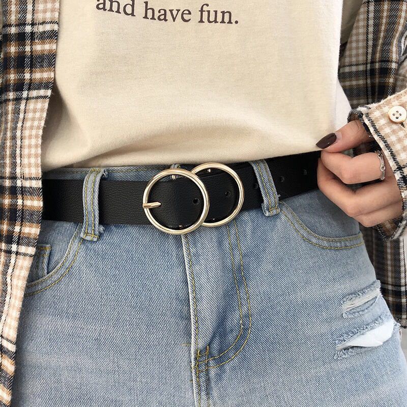 Round Belt Woman Gold Buckle Black Leather Belts for Women Jeans Fashion Ladies Waist Ceinture Femme Waistband
