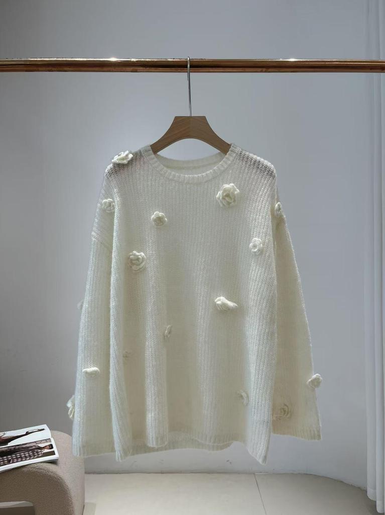 Women's Floral Mink Velvet Sweater Coat - Soft, Plush, Warm, Round Neck, Chic French Design for Autumn/Winter