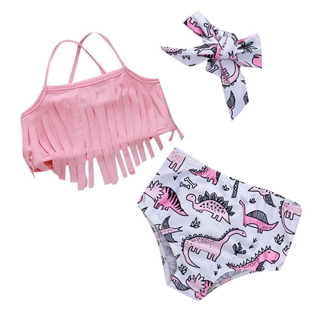 Toddler Baby Girl Bikini Set Tassel Sling Top Cartoon Printed Bowknot Bottom Headband Swimsuits Bathing Suits