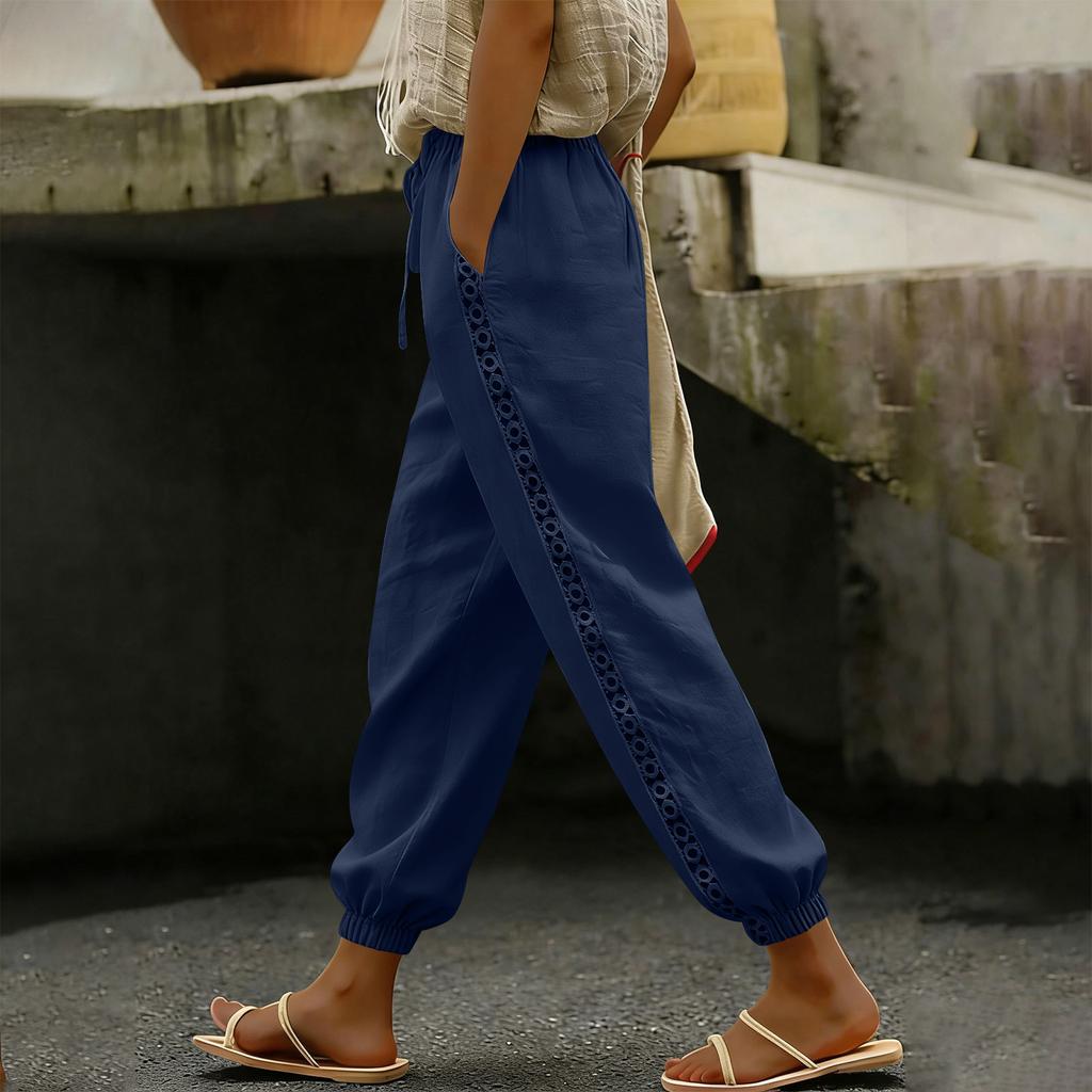 Women's Fashion Color Elastic Waist Drawstring Pocket Side Lace Small Legs Loose Casual Pants