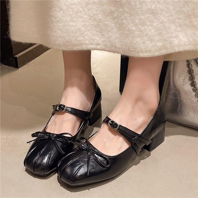 Versatile light mouth thick heel single shoes women's French retro square head bow one-word buckle Mary Jane single shoes 2025 spring and summer
