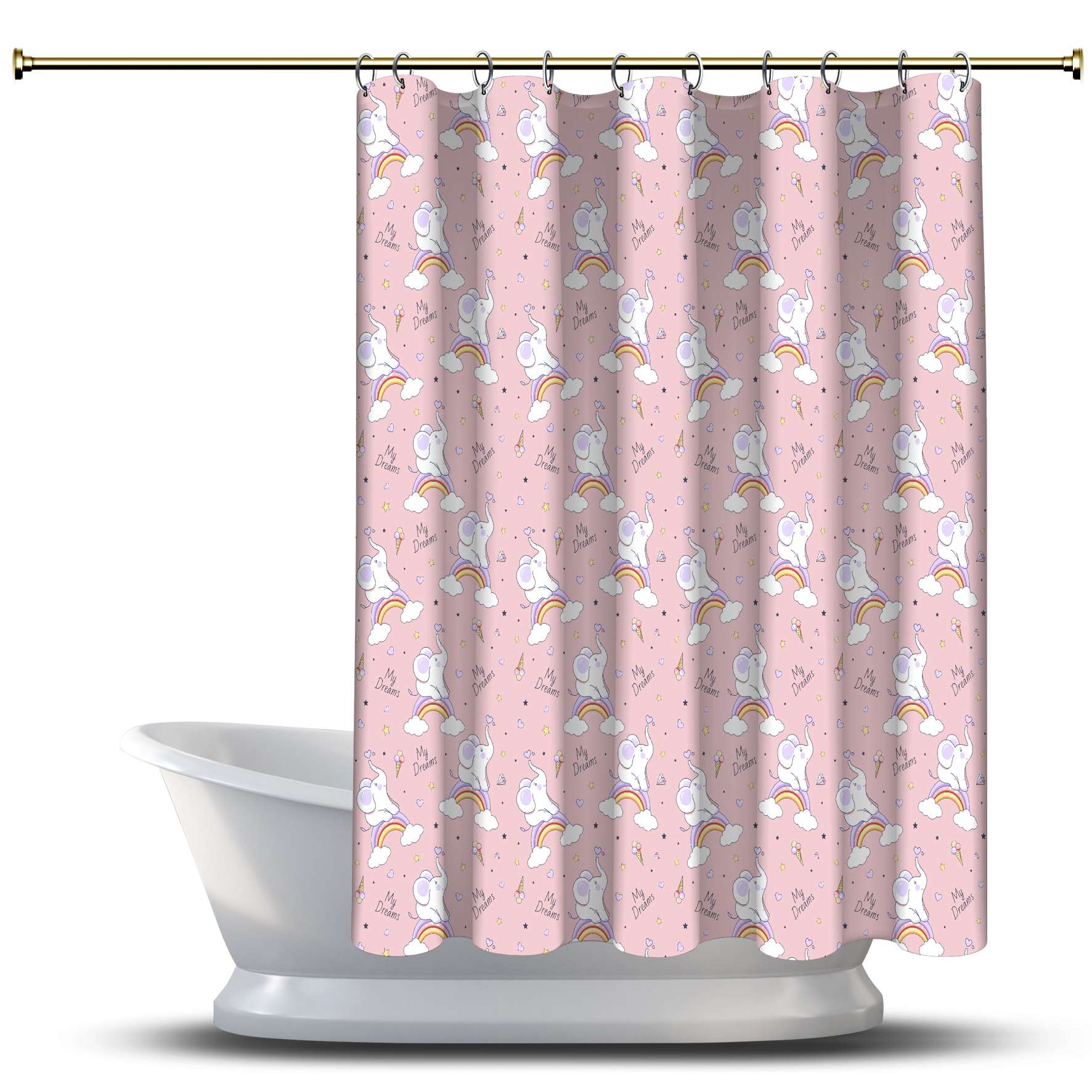 

Занавеска для душа с розовым фантазийным мультяшным принтом / водонепроницаемая для вашей ванны Украшения для ванной комнаты - многомерная радуга и милые слоны