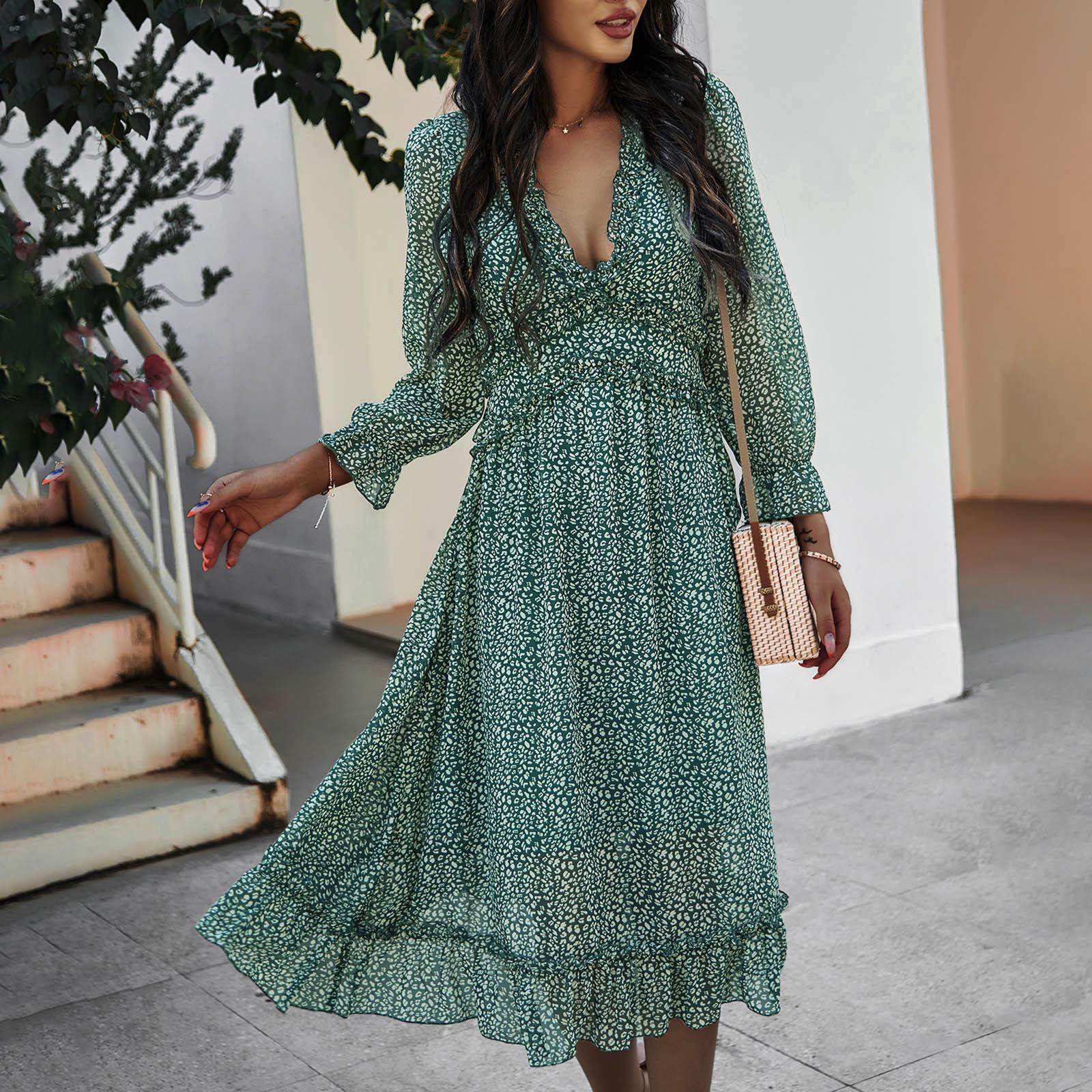 

Жіноча модна спідниця з V-подібним вирізом і довгим рукавом, плісирована сукня до коліна з принтом XL зелений