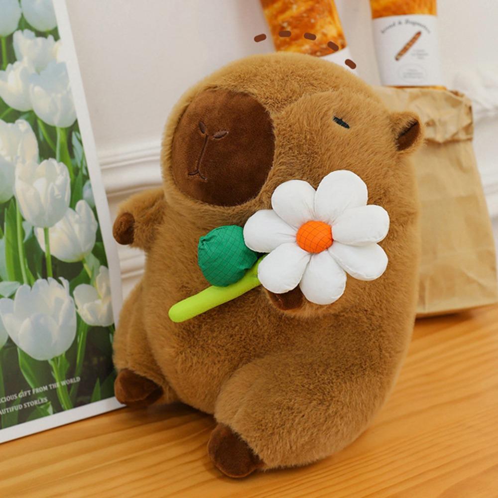 Brown Capybara Plush Doll Fluffy Capybara Stuffed Doll Lovely Flower Capybara Plush Toy Birthday