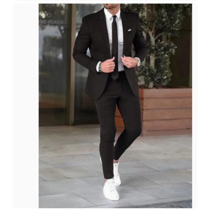 

Mens Solid Color 2 Piece Suit Set Blazer and Pants M чёрный