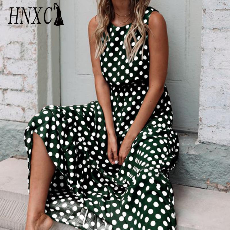 HNXC Women's Fashion Summer Spring Solid Color Print Sleeveless O-Neck High Waist Casual Dresses