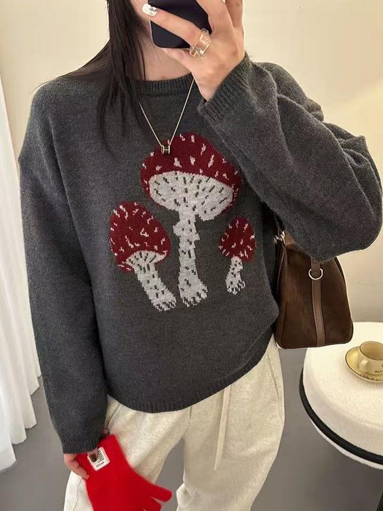 Women's Long-Sleeve Anti-Pilling Wool Sweater - Warm, Fashionable, Machine Washable Mushroom Design