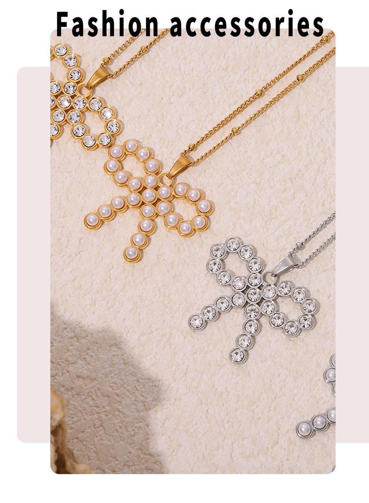 Qiong Yao Pearl Zirconia Bow Tie Necklace: Gold-Plated, Fade-Resistant Titanium Steel Sweet Jewelry