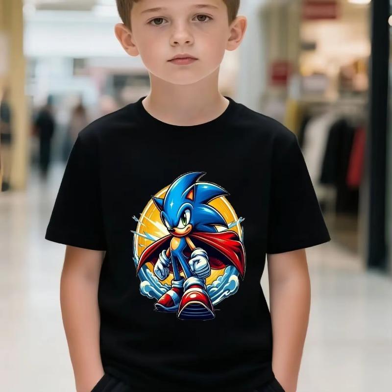 Cartoon Sonic Kids Design Graphic Print T-shirts Summer Children's Minimalist Casual Short Sleeve Loose Round Neck Pullover Tops