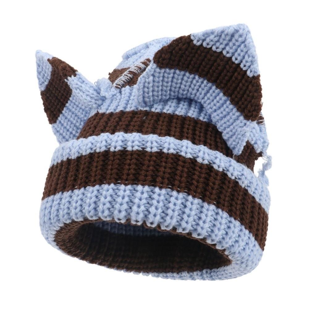 Stretchable Knit Cat Ear Beanie Yarn Striped Beanie Gifts Knitted Beanie Hat  Women and Men