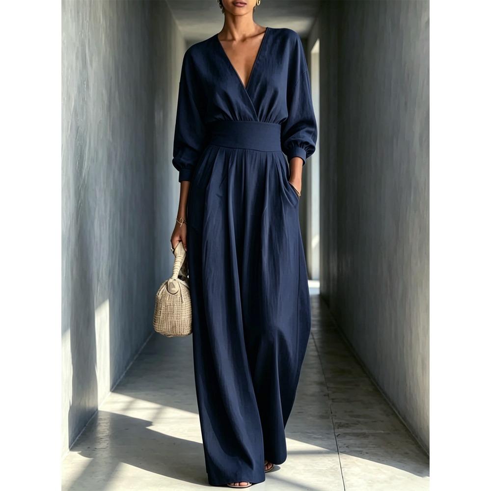 women s Elegant V Neck Long Sleeve High Waist Wide Leg Jumpsuit Formal Romper Casual S тёмно-синий