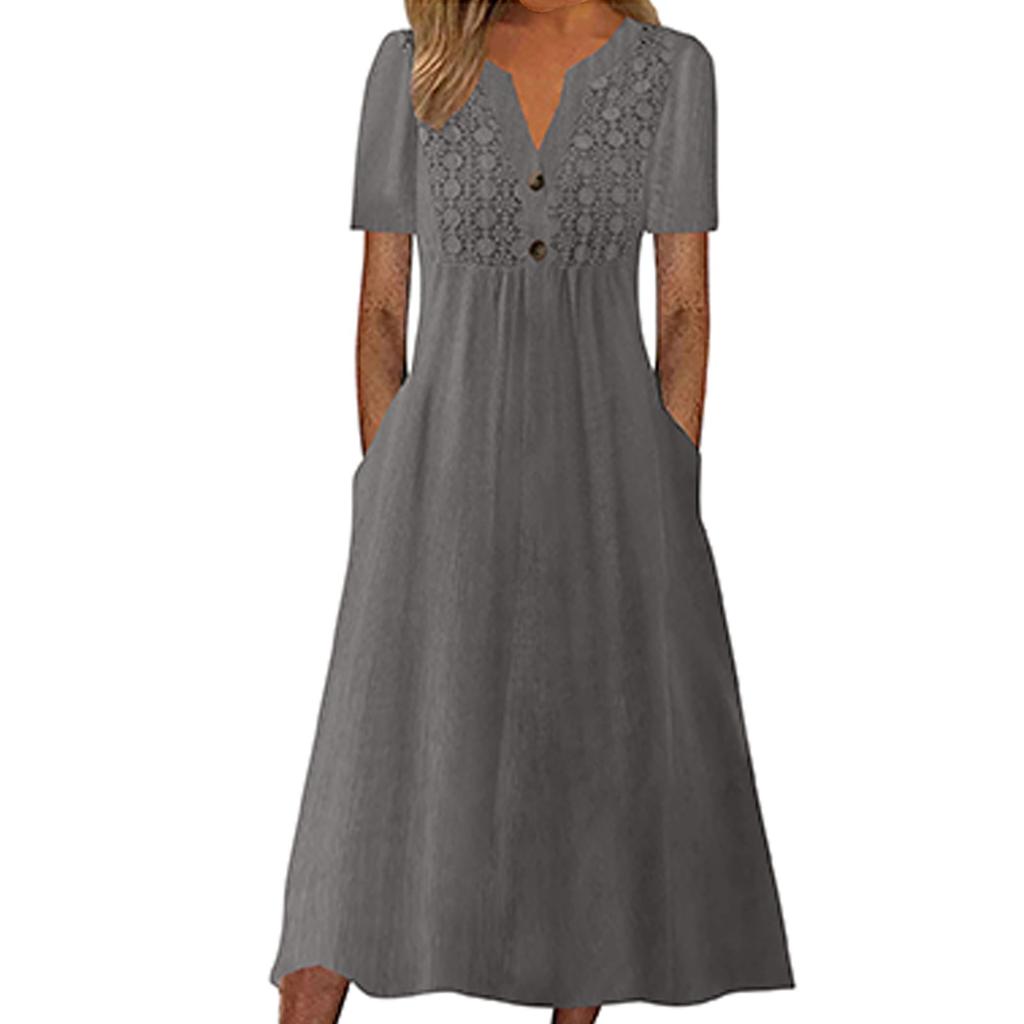 Summer Dresses For Women Summer Boho Maxi Dress Short Sleeve V Neck Dresses Fashion Dress With Pockets