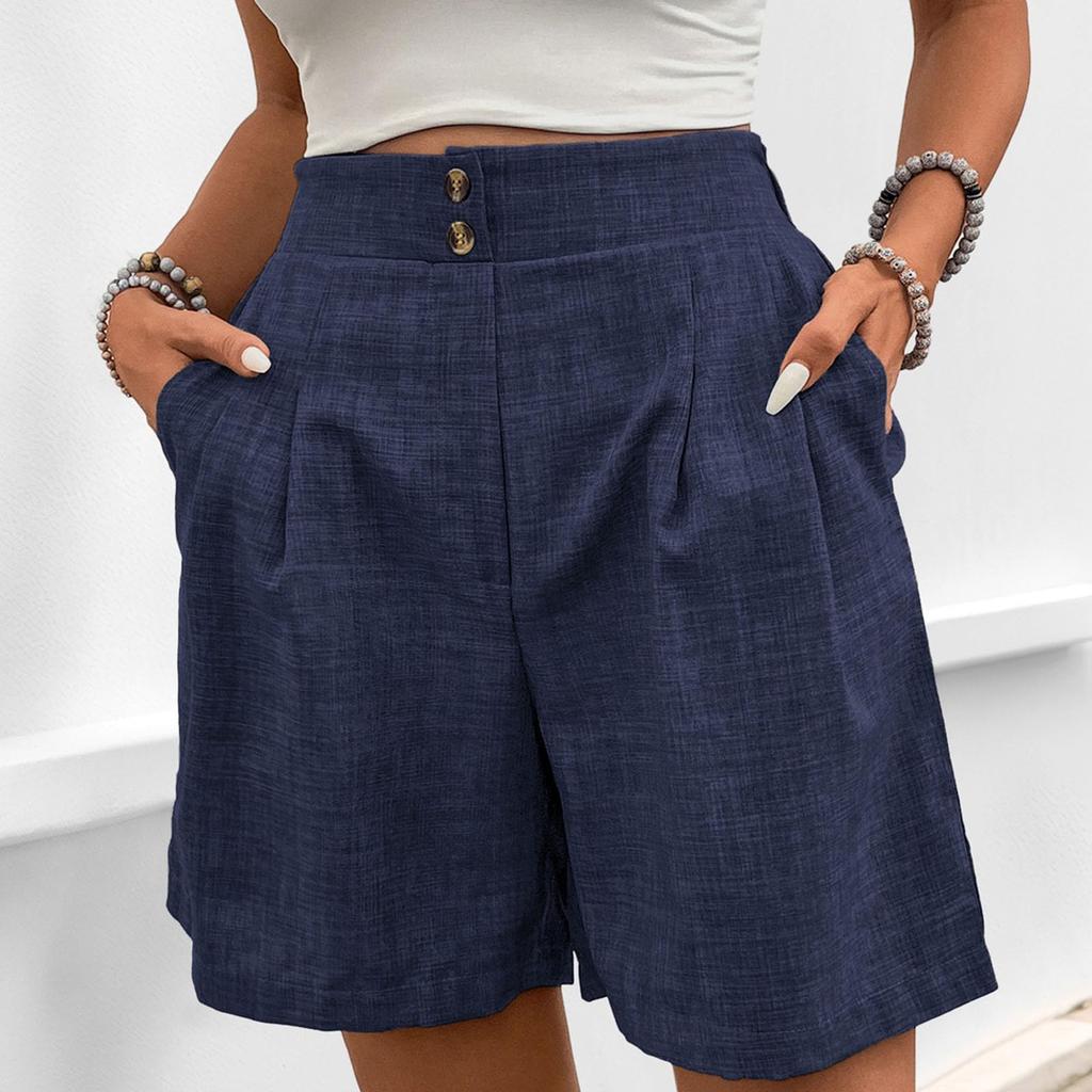Women's Loose Casual Pants Button -Color High Waist Straight Shorts