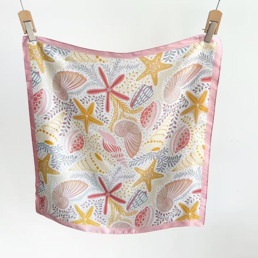 Conch Starfish Print Scarf Sea Star Shell Silk Scarf Retro Satin Hijab Waist Scarf
