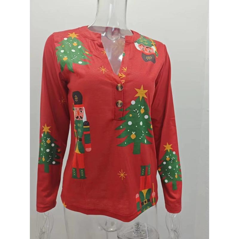 Damenbluse, lockerer V-Ausschnitt, bedruckt, Weihnachtsbaum, lässig, bedruckt, langärmelig